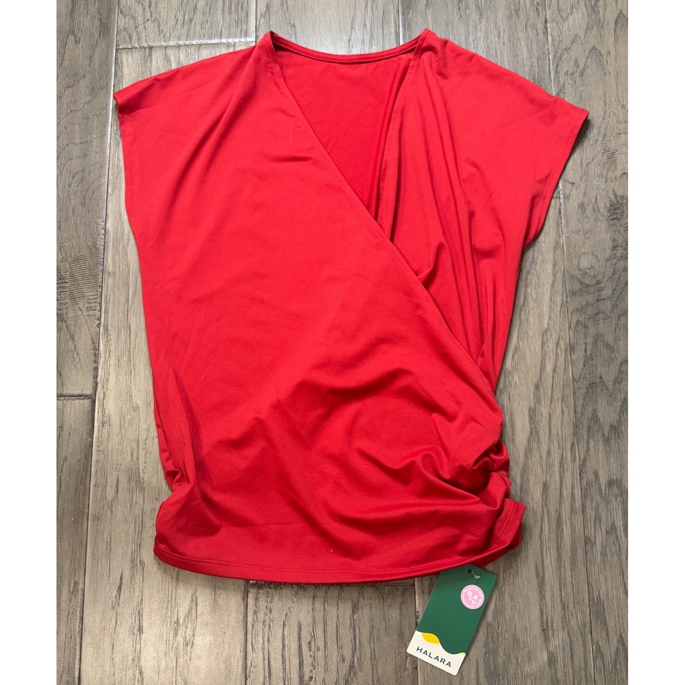 NWT Halara Red Ruched Side Cap Sleeve V Neck Wrap Top Athletic XS